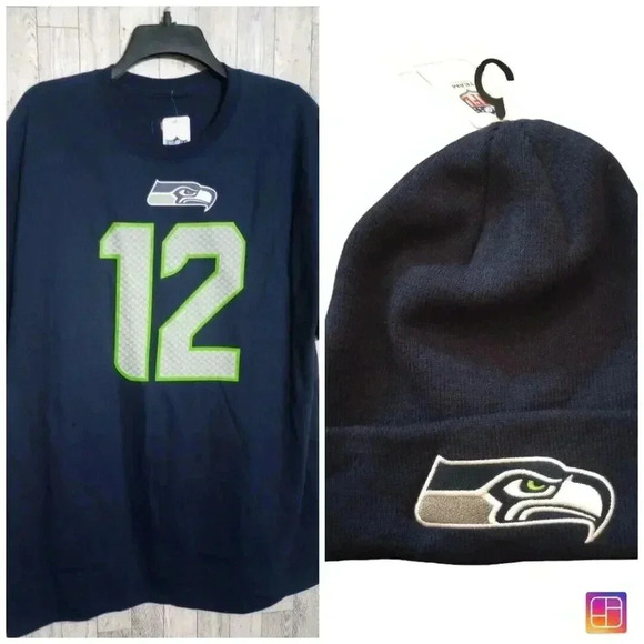 Seattle Seahawks NFL Team Apparel 12 Fan T-Shirt Blue XL Plus Beanie Bundle  NWT - Picture 1 of 8